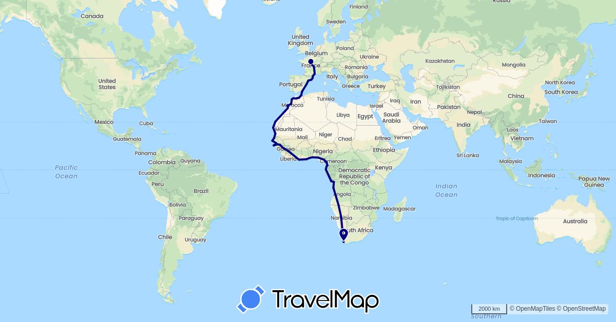 TravelMap itinerary: driving in Angola, Benin, Democratic Republic of the Congo, Republic of the Congo, Côte d'Ivoire, Cameroon, Spain, France, Gabon, Ghana, Gambia, Guinea, Equatorial Guinea, Morocco, Mauritania, Namibia, Nigeria, Senegal, Togo, South Africa (Africa, Europe)